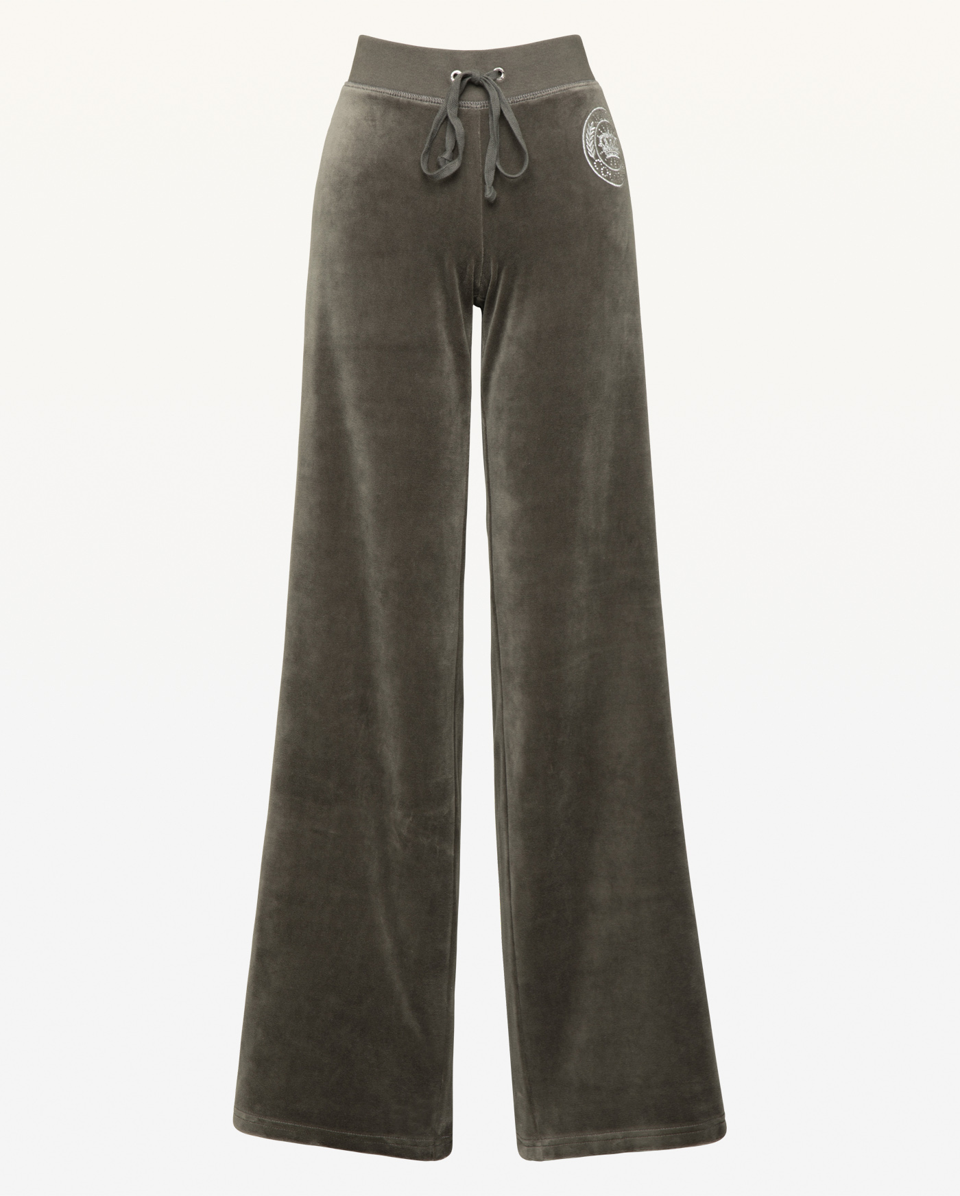 Велюровые брюки прямого кроя декорированы вышивкой и стразами